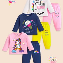 KUCHIPOO Cotton Blend Knit Pack Of 3 Full Sleeves Unicorn & Typography Printed Tees & Joggers Set - Pink Navy Blue White & Yellow-picture-14