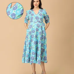 The Mom Store Cotton Knit Half Puffed Sleeves Floral Printed Maternity Dress With Overlap Nursing Access - Multi Colour-picture-0