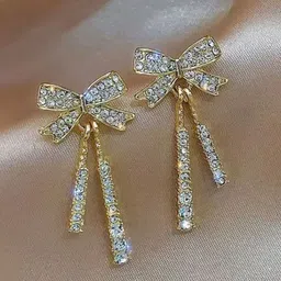 Estailo fashion Gold-Plated Cubic Zirconia Bow Statement Spiked Drop Earrings-4