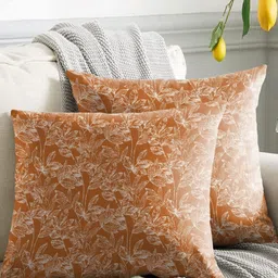 Aura Orange & White Set of 2 Floral Square Cushion Covers-12