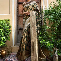 KALINI Bottle Green Organza Ethnic Motifs Saree with Unstitched Blouse Piece-36