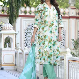 Yavie Abstract Printed V-Neck Thread Work Straight Kurta With Trousers & Dupatta image 5