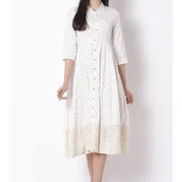 Rangriti White Cotton Printed A-Line Dress-image-51