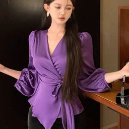 HERE&NOW Women V-Neck Puff Sleeve Satin Top-image-30