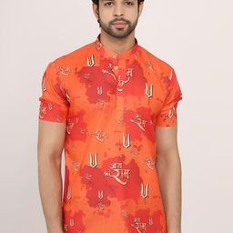 Sadreen Ethnic Motifs Ram-Nam Printed Band Collar Pure Cotton Short Kurta-image-39