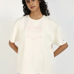 TOMMY HILFIGER White Cotton Solid Short Sleeve T-Shirt-image-127