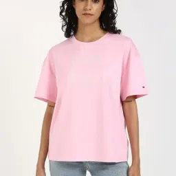 TOMMY HILFIGER Pink Cotton Solid Short Sleeve T-Shirt-image-9