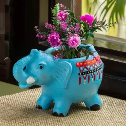 ExclusiveLane 'Enchanting Elephant' Sky Blue & Red Planter Pot - Set of 1-3