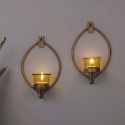 Homesake 'Birthday' Mustard & Golden Metal Wall Candle Holder With Tea Light Candle - Set of 2-image-50