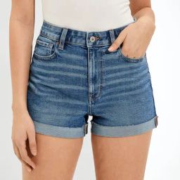 American Eagle Women Blue Stretch Denim Mom Shorts-image-53