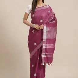 Kalakari India Purple Linen Embroidered Saree With Unstitched Blouse-image-40