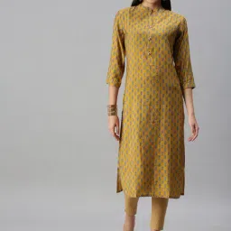 SHOWOFF Yellow Cotton Printed Calf Length Straight Kurta-16