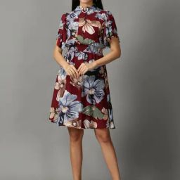 SHOWOFF Maroon Printed A-Line Dress-image-79