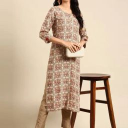 SHOWOFF Beige Floral Print Straight Kurta-image-19