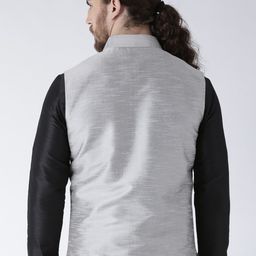 DEYANN Men Grey Solid Dupion Silk Nehru Jacket with Pocket Square image 2