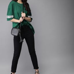 Moda Rapido Women Green Solid Round Neck Pure Cotton T-shirt-57