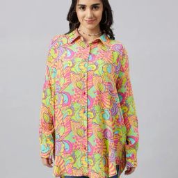 First Resort By Ramola Bachchan Hot Pink & Yellow Pucci Print Boyfriend Shirt-image-70