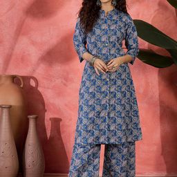 Sangria Women Ethnic Motifs Printed Mandarin Collar A-Line Kurta Set-25