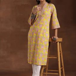 Libas Yellow Cotton Regular Fit Floral Kurtas-picture-22