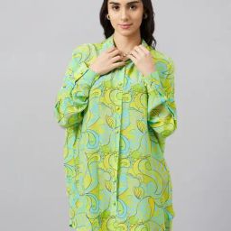 First Resort By Ramola Bachchan Neon Green & Yellow Pucci Print Boyfriend Shirt-image-78
