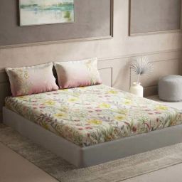 DDecor Lilly Floral Yellow Cotton 136 TC Double Bedsheet With 2 Pillow Covers-image-43