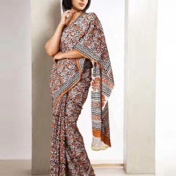Unnati Silks Black & Brown Cotton Printed Saree With Unstitched Blouse-image-60