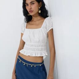 Bombay Paisley by Westside White Floral Embroidered Smocked Cotton Top-picture-22