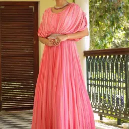 Scakhi Pink Chinon Silk Candy Striped Poncho Gown With Belt-picture-12