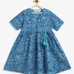 Campana Girls Royal Blue Cotton Floral Kurta-image-4