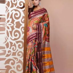 Unnati Silks Peach & Maroon Silk Printed Saree With Unstitched Blouse-image-38