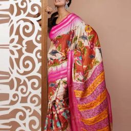 Unnati Silks Cream & Pink Silk Printed Saree With Unstitched Blouse-picture-5