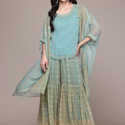 aarke Ritu Kumar Ethnic Motifs Printed Top & Sharara with Shrug Co-Ord Set-image-39