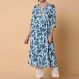 SHOWOFF Blue Cotton Printed A Line Kurta-picture-30