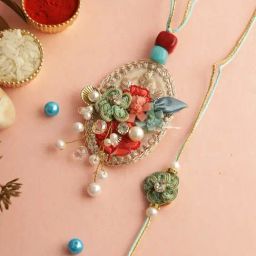 Aapno Rajasthan Multicolor Floral Beaad Work Bhaiya Bhabhi Rakhi-image-14