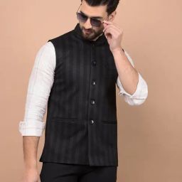 Crimsoune Club Black Regular Fit Striped Waist Coat-picture-27