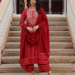 Juniper Red Cotton Embellished Kurta Pant Set With Dupatta-image-22