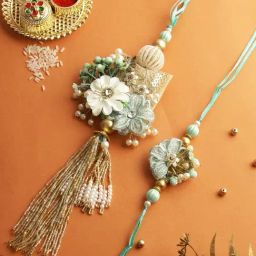 Aapno Rajasthan Green Floral Bhaiya Bhabhi Rakhi Set-image-7