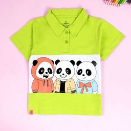 KiddoPanti Girls Cartoon Panda Graphic Printed Pure Cotton Polo Collar T-shirt-image-82