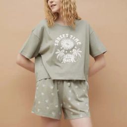 Ginger By Lifestyle Green Cotton Regular Fit Printed Short Sets-15
