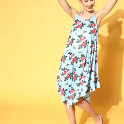 SASSAFRAS Women Stunning Blue Floral Asymmetric Hemline Dress-image-42