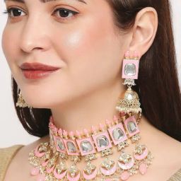 OOMPH Pink Meenakari & Kundan Ethnic Choker Necklace Set with Earring-42