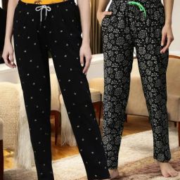 Kryptic Black & Charcoal Cotton Relaxed Fit Printed Lounge Pants - Pack of 2-image-100