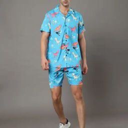 Bushirt Sky Blue Regular Fit Printed Shirt & Shorts Set-image-80