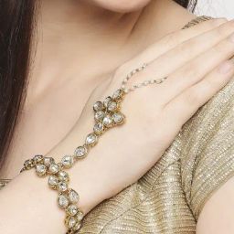 Oomph Gold Tone Kundan & Pearls Floral Ethnic Statement Hand Harness-15