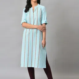 Aurelia Blue Cotton Striped Straight Kurta-picture-10