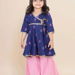 AJ Dezines Kids Blue & Pink Cotton Floral Print Kurta Set-image-56