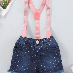 Babyhug Mid Thigh Length Denim Shorts with Suspenders & Polka Print - Blue-image-40
