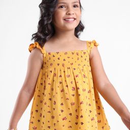 Babyhug 100% Rayon Sleeveless Printed Top with Smocking & Frill Detailing - Yellow-image-43