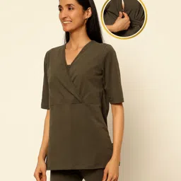 Zelena Half Sleeves Solid Maternity Feeding Top - Avocado Brown-picture-22