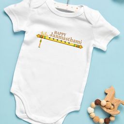 BLUSHES Janmashtmi Theme 100% Cotton Half Sleeves Basuri Prined Onesie - White-image-64